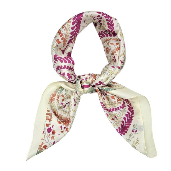 ✨ Elegant Bandana Square Scarf Silky Satin Beige Pink  Floral Paisley Versatile - Picture 3 of 6